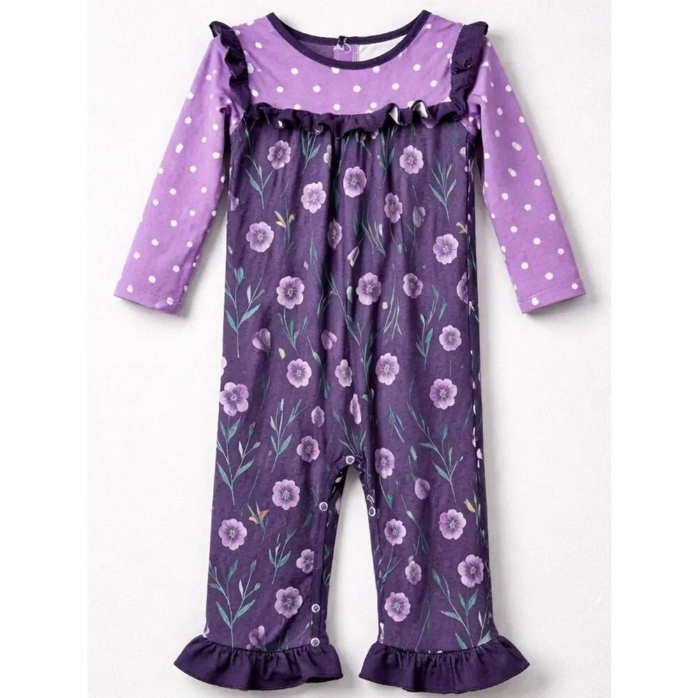 Little Millie purple floral and polkadot ruffle jumpsuit size 18 months